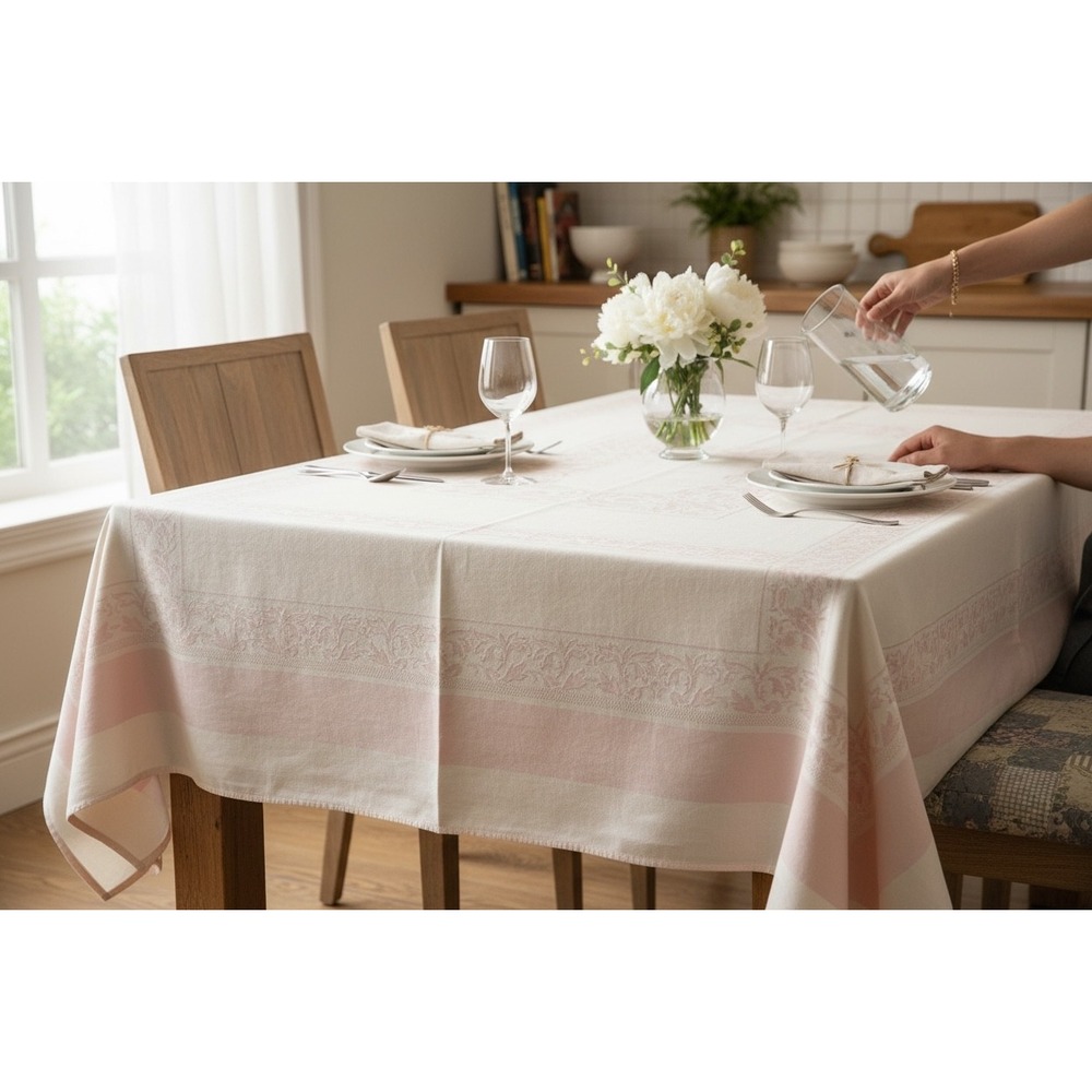 Vintage Light‎ Cottagecore Pink Linen Tablecloth 45"x62" with 5 Matching Napkins